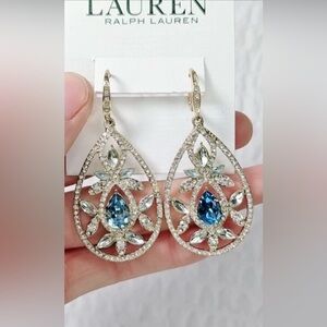 Ralph Lauren Oval Drop Earrings Deco Chandelier Clear Aqua Topaz Color Crystals